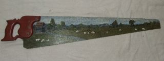 Antique 19th C.  Hand Painted Rustic Americana Folk Art Carpenters Hand Saw,  Rare photo