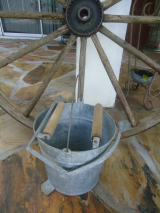 Vintage 1950 ' S Galvanized Metal Mop Bucket Dual Wood Rollers Primitive Decor photo