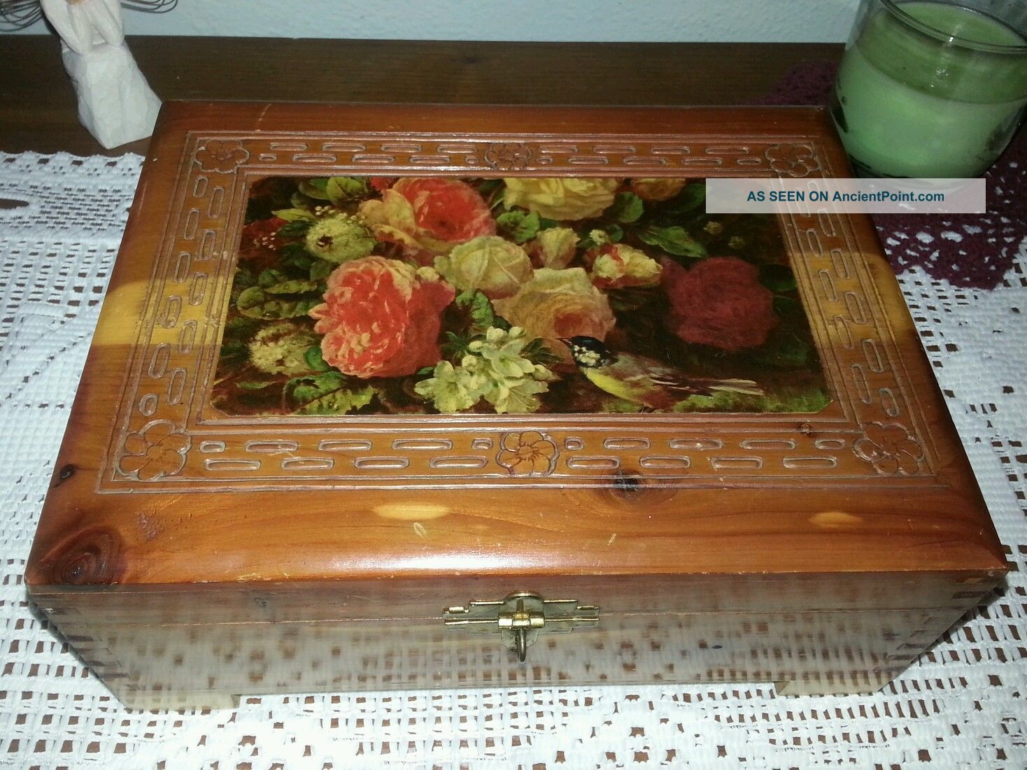Vintage Wooden Ornate Hand Carved Cedar Dresser Top/ Cigar Box Dovetail,  Jewelry Boxes photo