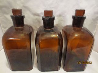 3 Antique Vintage Czech Army Brown Apothecary Bottles W / Ground Glass Stoppers photo