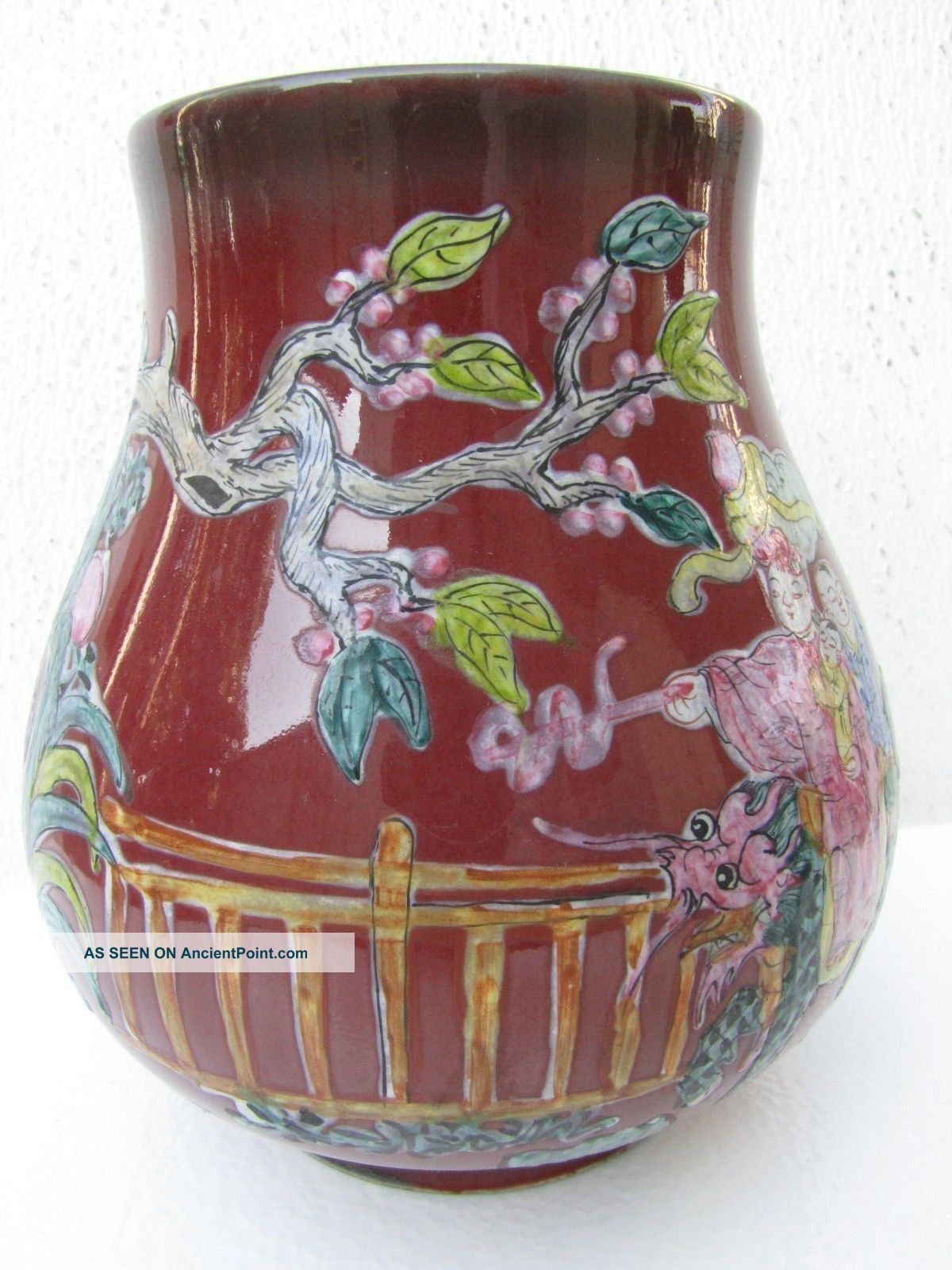 Antique Chinese Red Background Kylin,  Mother & Kids Enamel Porcelain Vase. Vases photo