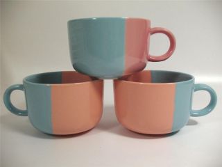 3 Mid Century Coffee Mugs Pink Turquoise Blue Unmarked Tea Cups Retro 50s Modern photo