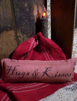 Valentine Hugs & Kiss Tuck Pillow Ticking Vintage Primitive Victorian Steampunk photo