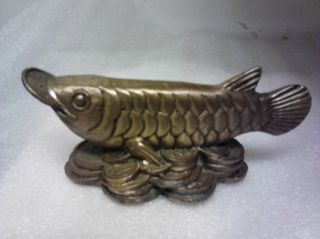 Vintage Chinese Carp Brass Fish Coin In Mouth & Coins As Base photo