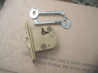 Unusual Small Vintage Quality Brass Cabinet Or Box Lock With Two Keys Unused photo