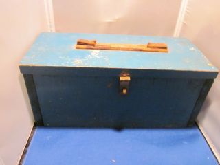 Wood Tool Box Chest Blue Chipped Paint Vintage Wooden Handle Missing photo