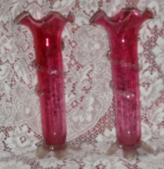 Antique Pair Victorian Era Cased Cranberry Glass Tall Vases Applied Clear Trim photo