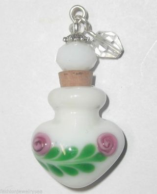 Pretty White Rose Green Feather Glass Perfume Oils Bottle Heart Bracelet Charm photo