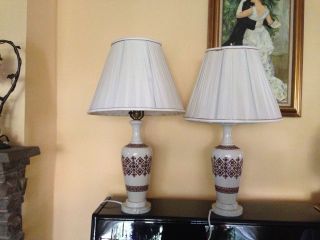 2 Vintage Table Lamps Hand Painted,  Double Marble Base Italy,  Excellent photo