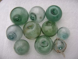 Ten 2+1/4 Inch - 3+1/2 Inch Japanese Glass Floats Balls Buoys (f) photo