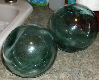 2 Authentic Japanese Glass Fishing Floats Ball Aqua Bubbles Antique Vintage photo