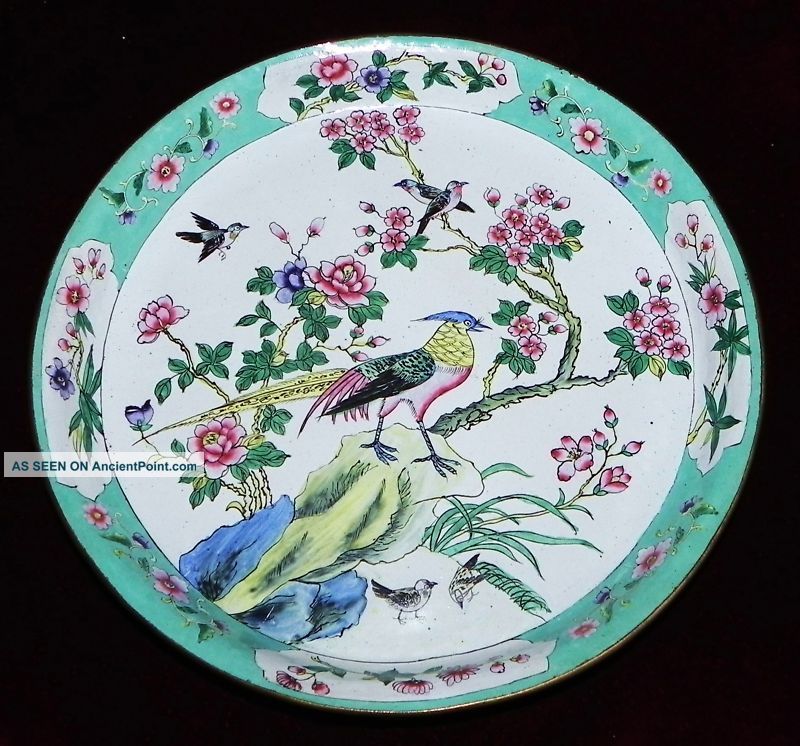 Antque Chinese Cloisonne Enamel On Copper Peacock Lrg Plate Tray Early Republic Plates photo