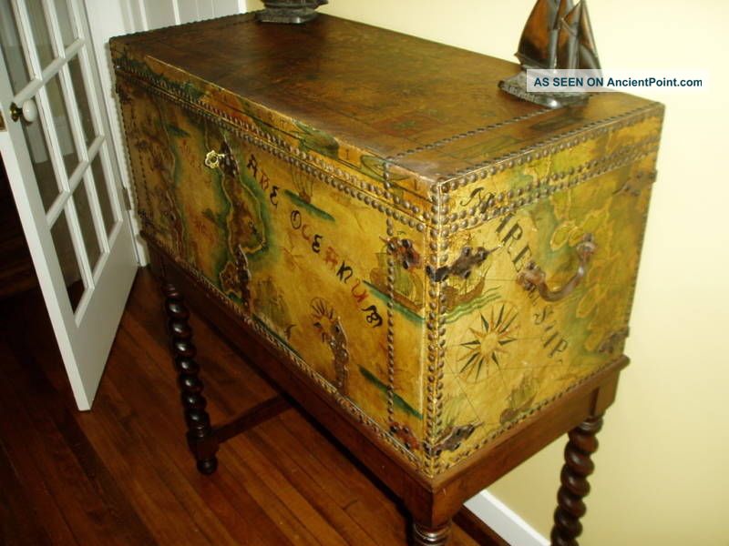 1 Of A Kind Antique Leather Chest W/barley Twist Stand 1900-1950 photo