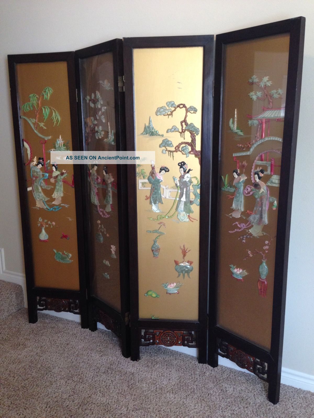 Old Chinese Screen Divider Gold Color Glass Hand Carved 4 Pannel Stones Jade Other photo