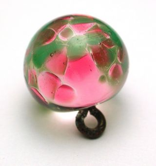 Antique Glass Ball Button W/ Pink & Green Floral Overlay photo