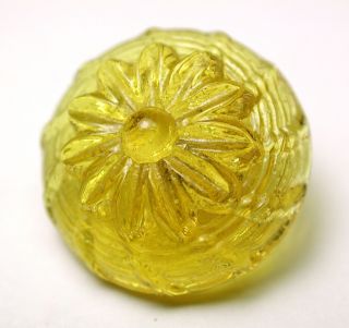 Antique Charmstring Glass Button Lemon Color Daisy Flower Mold Swirl Back photo
