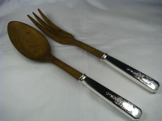 A Set Of Salad Serving Spoon & Fork Sterling Silver Handles & Wood Whiting C1909 photo