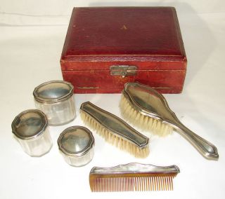Antique 1912 Men ' S Sterling Vanity Set Hair & Cloths Brush & Dresser Jars + Case photo