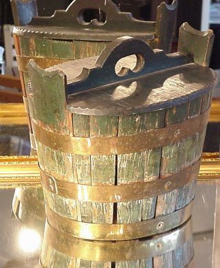 Primitive Antique Folk Art Victorian Rare Banded Bucket Old Painted Green Box photo