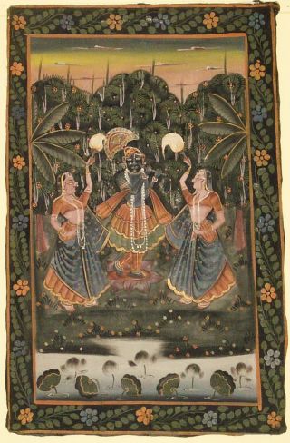 Old Krishna Hand Painted On Cloth From India photo