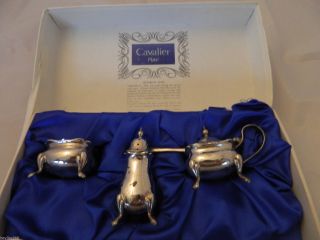 Lovely Cavalier Silver Plate Condiment Set Salt,  Mustard And Pepper Shaker Boxed photo