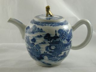 Antique 19th Century Chinese Tea Pot Blue And White Village Design Gold Detail photo
