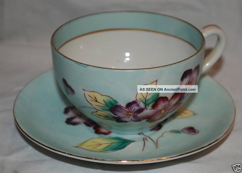 Porcelain Hand Painted Pansy Floral Cup Saucer Fern Co Cups & Saucers photo