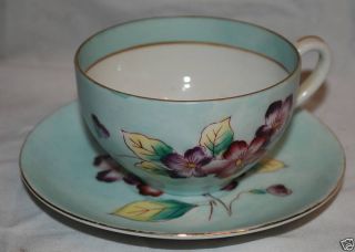 Porcelain Hand Painted Pansy Floral Cup Saucer Fern Co photo