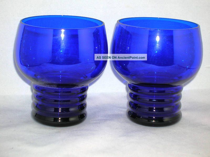Art Deco Cobalt Blue Glass 3.  75 Ribbed Bottom Set/2 Art Deco photo