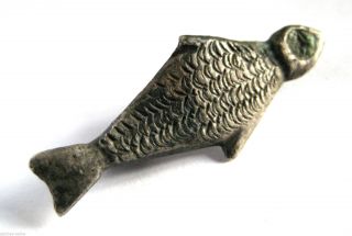 Rare 150 A.  D British Found Roman Enamel & Silver Zoomorphic Plate Brooch.  Fish.  Vf photo