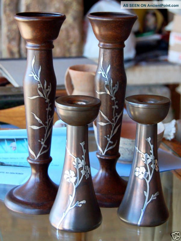 11 Inch Heintz Arts & Crafts Deco Silver On Bronze Pair Metalware photo
