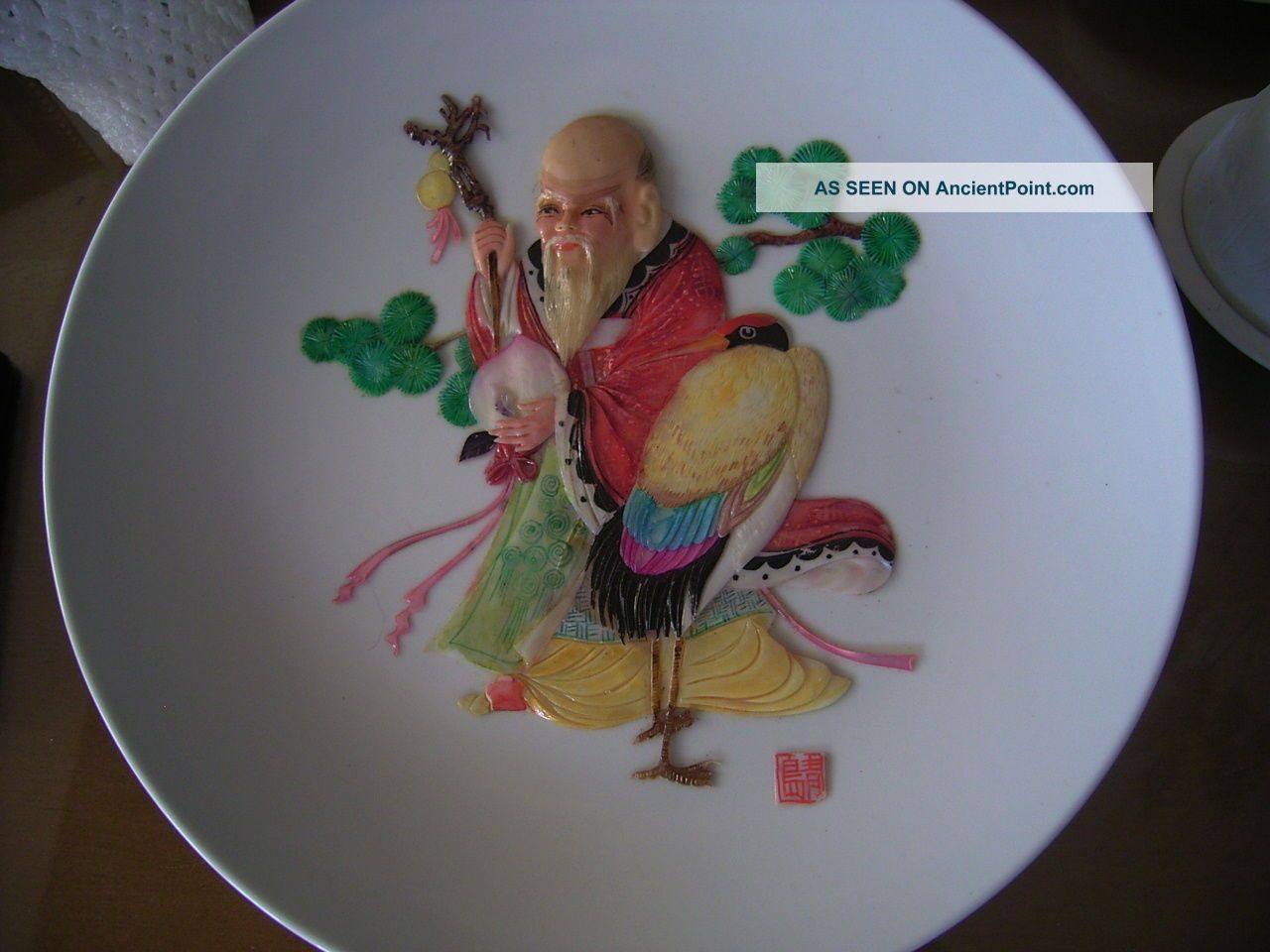 Vintage Oriental Art Plate Asian Man Pearl Shell Porcelain Wall Hanging Plaque Plates photo