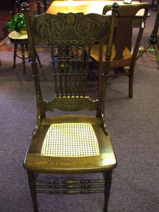 Antique Oak Chair Cane Double Griffins Pressback Refinished Made In Usa photo