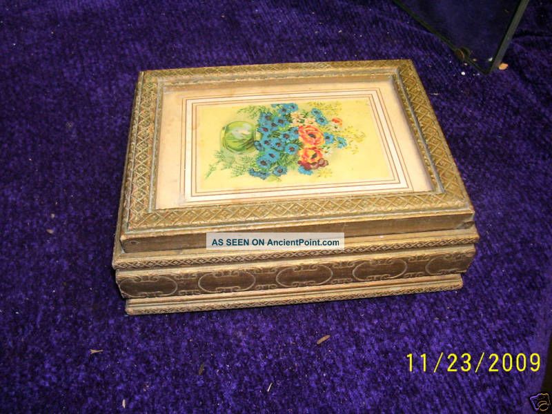 40s Gold Finish Hinged Mirror Top Box /flower Print Other photo
