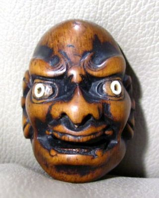 19th C Japanese Wood Netsuke,  Shikami Noh Mask photo