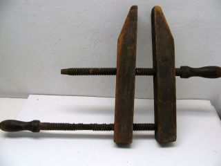 Antique Adjustable Clamp Hand Screws Turned All Wood Primitive Working Tool photo