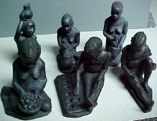 6 African Hand Molded Clay Figures Doing Daily Chores - Bare Breasted Women Etc. photo