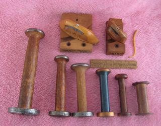 2 Ea Antique Sewing Shuttle & 6 Ea Wooden Textile Spinning Wheel Spindle Lqqk photo