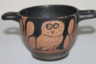 Ancient Greek Red Figure Owl Pottery Skyphos Wine Cup 4th Century Bc photo