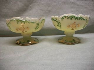 Antique Northwood Green & Gold Custard Glass Intaglio Compote Berry Sherbet Bowl photo