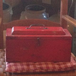 Antique Tool Box,  Wood,  Red Chippy Paint,  Storage,  Document,  Hand Crafted photo