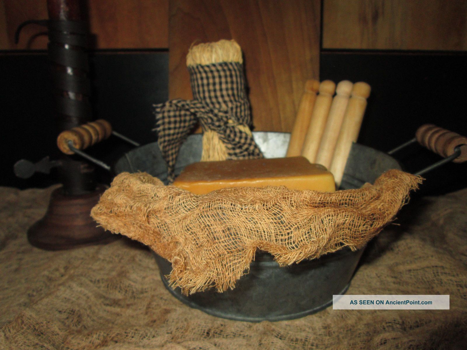 Primitive Laundry Room Country Galvanized Mini Wash Tub Handmade Soap Scrubber Primitives photo