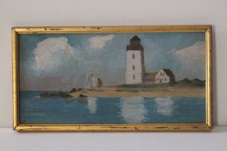 Antique Painting Of Maine Lighthouse In Lemon Gold Frame Primitive Oil On Board photo