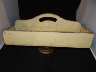 Antique Tool Carrier.  Painted Cream Color,  Cutout Handle.  16x9x2 3/4 photo