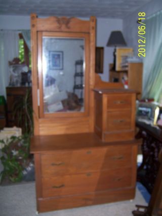 Antique Golden Oak Bonnet Dresser W Mirror 1800 - 1900’s photo