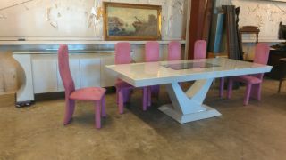1970 ' S Modern Lucite Glass Dining Table Sideboard 6 Mauve Side Dining Chairs photo