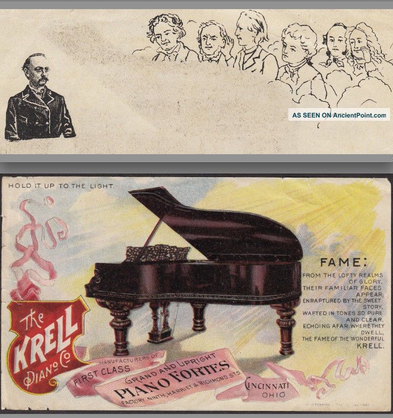 1800 ' S Krell Piano Cincinnati Bach Beethtoven Mozart Htl Advertising Trade Card Keyboard photo