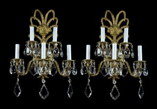 Antique Sconces Brass Bronze Vintage Crystal Glass Large Regency Empire photo