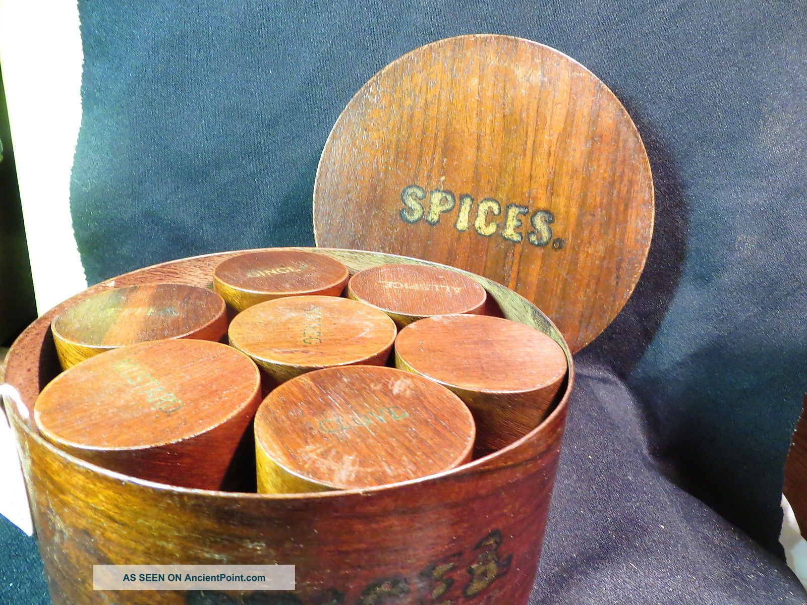 Old Round 7pc Spice Set 6 Wood Caddies And Holder Fine Primitives photo