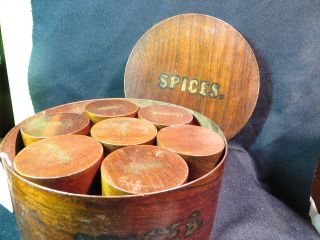 Old Round 7pc Spice Set 6 Wood Caddies And Holder Fine photo